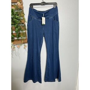 Halara Jeans Pull On Cross Over Flare Stretch  Blue Womans XL NWT